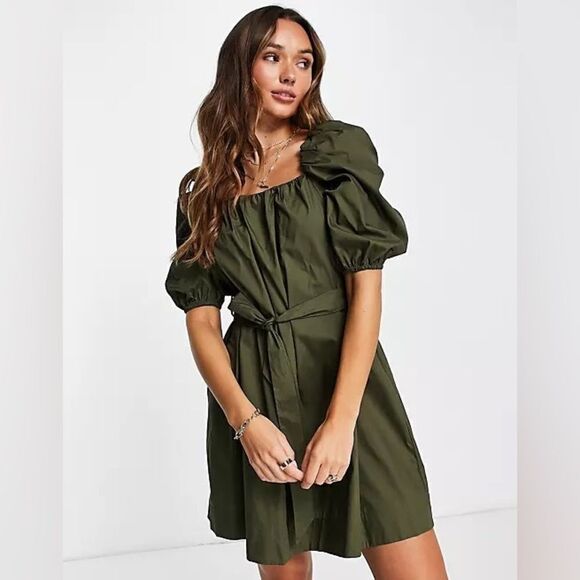 Mango Cotton Poplin Dress Khaki Green New - Picture 4 of 5